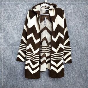 New Directions Cardigan M Aztec Chevron Mix Print Hooded Brown Cream Open Preppy